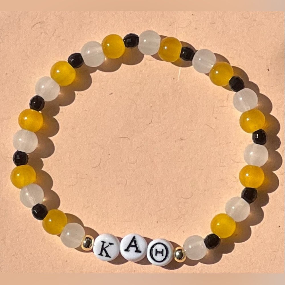 New Kappa Alpha Theta Glass Bead Bracelet with Greek Letters Black Gold White 7”